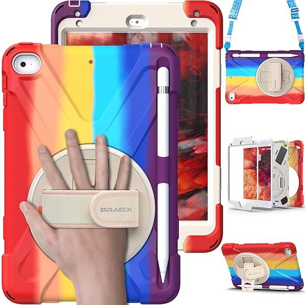 BRAECN iPad Mini 5 Case Shockproof Rugged Kids Case with Pencil Holder Hand Strap Shoulder Strap Kickstand for Apple iPad Mini 5 4 Rainbow