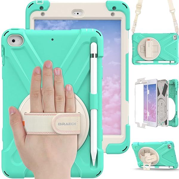 BRAECN iPad Mini 5th Generation Case Kids Mint Green with Hand Strap Kickstand Pencil Holder and Shoulder Strap for iPad Mini 4/5