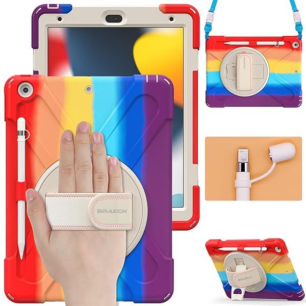 BRAECN Heavy Duty Rugged iPad Case for 9th 8th 7th Generation with Screen Protector Pencil Holder Kickstand and Shoulder Strap Colorful Red
