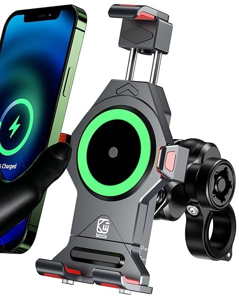 BRCOVAN Motorcycle Phone Mount with Qi 15W Wireless Charger and Vibration Dampener, Anti-Theft, Anti-Shake, Adjustable, Aluminum Alloy Motorcycle