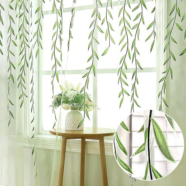 BROSHAN Green Sheer Window Curtains - Leaf Pattern Voile Panels for Kids Bedroom & Living Room