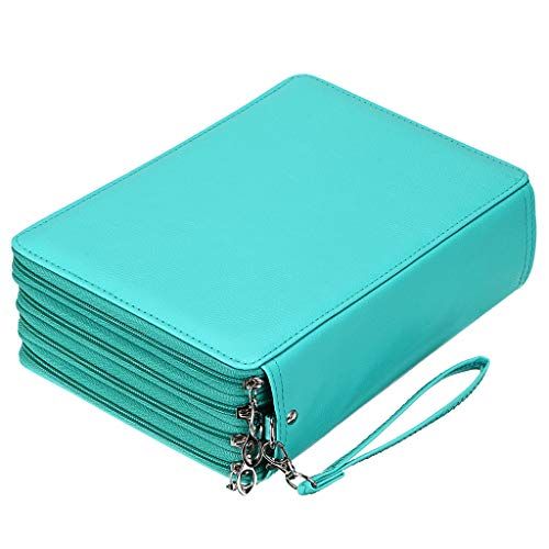 BTSKY 200 Slots Colored Pencil Organizer Deluxe PU Leather Case with Handle for Colored and Watercolor Pencils Green