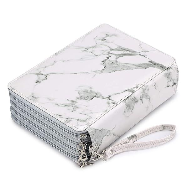 BTSKY 200 Slots Colored Pencil Organizer Deluxe PU Leather Case with Handle for Colored and Watercolor Pencils White Marble Design