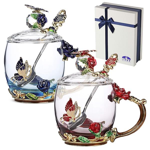 Floral Glass Tea Cups Set with Lids and Spoons Pack of 2 11 oz Blue and Red Flower Design Dishwasher Safe Gift Box Included