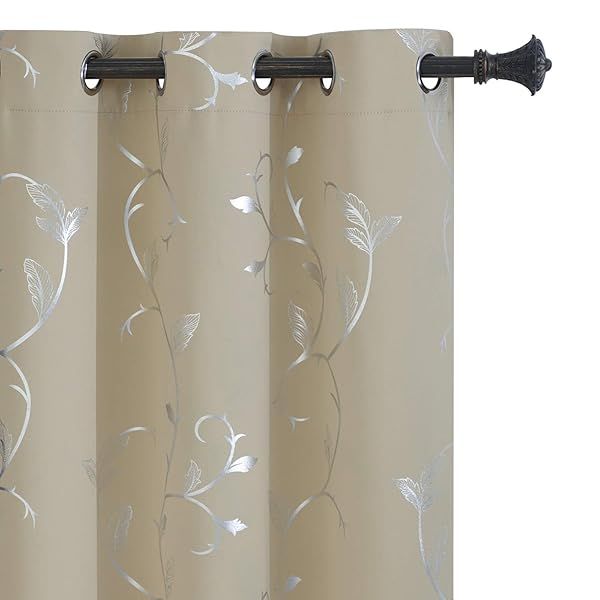 BUHUA Thermal Insulated Blackout Curtains Striped Wave Vine Print Living Room 38W72L Beige 2 Panels