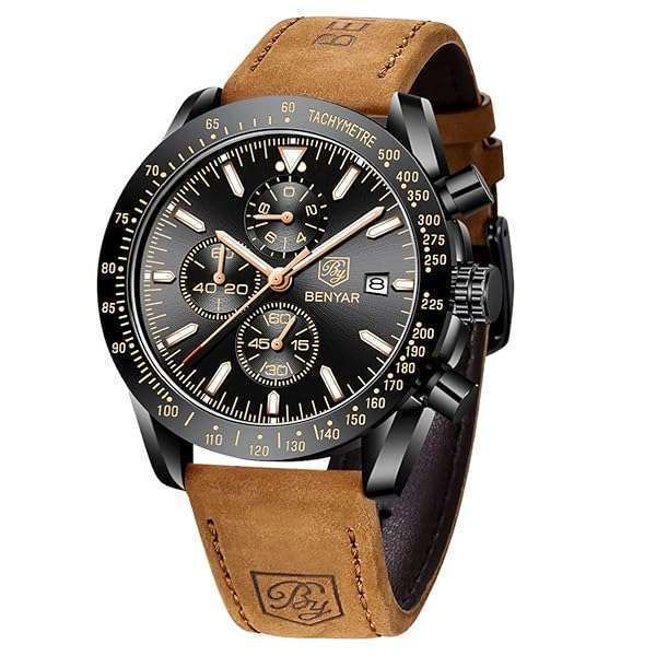 BY BENYAR Men's Waterproof Chronograph Watch - Elegant Brown Leather, Luminous & Stylish for Business & Casual Wear