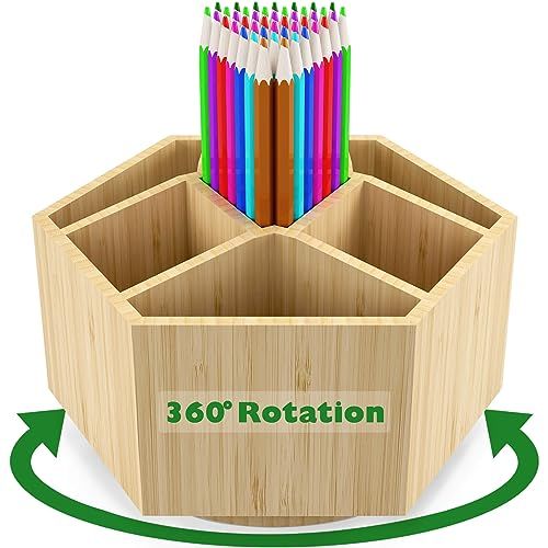 Bamboo Art Supply Organizer for Back to School Holds 350 Pencils Rotating Desktop Storage Caddy for Classroom and Art Studio