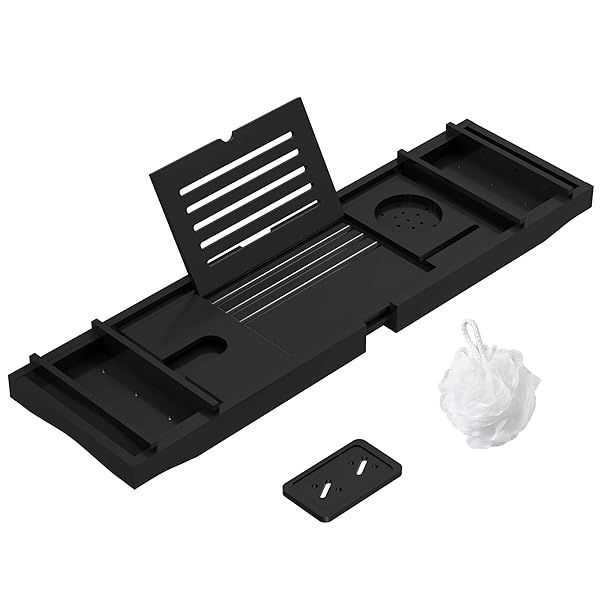 "Luxury Expandable Bamboo Bathtub Tray with Wine Glass Holder & Book Stand - Adjustable Bath Accessories 29.5"-43.3" Black"