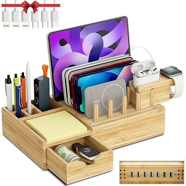Darfoo Bamboo Charging Station: 7-Port Organizer for Phones, Tablets, Smartwatches & Earbuds
