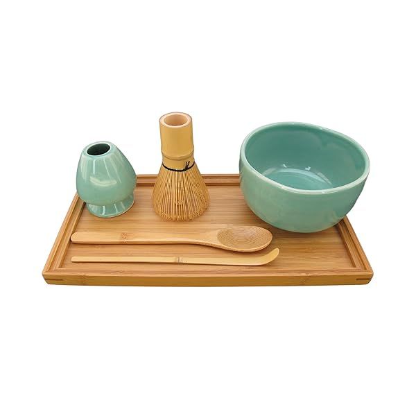 BambooMN Matcha Bowl Set with Whisk Rest Chasaku Spoon and Tray Green 1 Set for Perfect Tea Ceremony