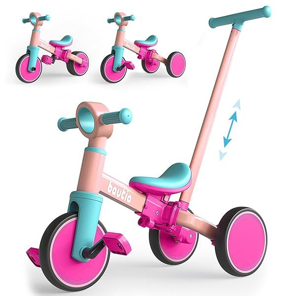 Bautia Kids Tricycle with Push Handle for Toddlers 1-4 Years 5 in 1 Baby Balance Bike with Removable Pedals Ideal Gift for Boys and Girls