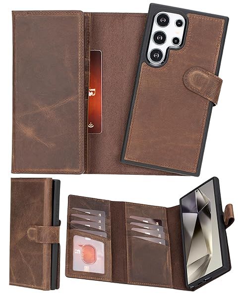 Trifold Leather Wallet Case for Samsung Galaxy S24 Ultra with Card Holder and RFID Protection in Dark Brown