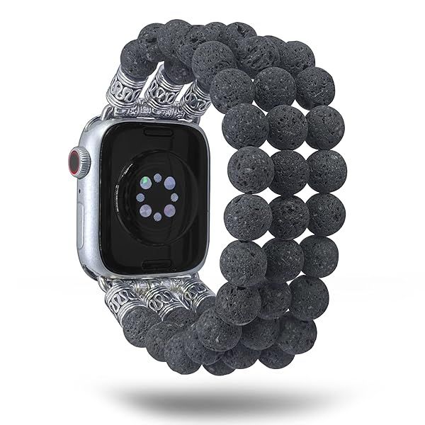 Beaded Watch Bands for Men Compatible with Apple Watch Lava Rock Essential Oil Diffuser Handmade Elastic Yoga Beads for iWatch Series 1 to 9