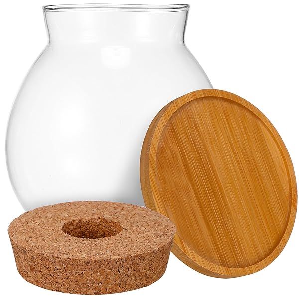 Beaupretty Clear Glass Desktop Fish Bowl with Wood Lid and Bamboo Stand Small Aquarium for Betta Fish and Plants