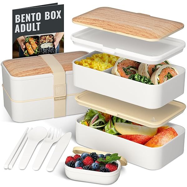 Bentoheaven Premium Bento Box for Adults with Compartments Utensils Chopsticks and Dip Container Microwavable Bright Light Design