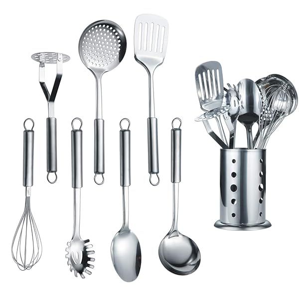 8-Piece Berglander Stainless Steel Cooking Utensil Set with Stand - Essential Kitchen Tools for Every Home Chef