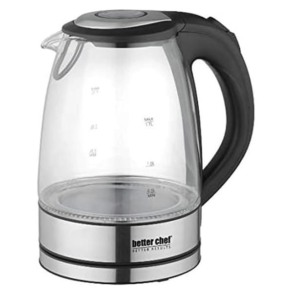 Better Chef Cordless Electric Kettle | 7-Cup Borosilicate Glass | LED Light | Thumb On-Off and Lid Open | 360-deg Swivel Base | Auto Boil-Dry Shut-Off | Stainless