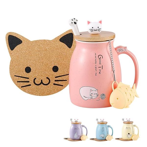 BigNoseDeer Kawaii Cat Mug with Infuser - Cute 13oz Ceramic Tea Cup Gift for Cat Lovers