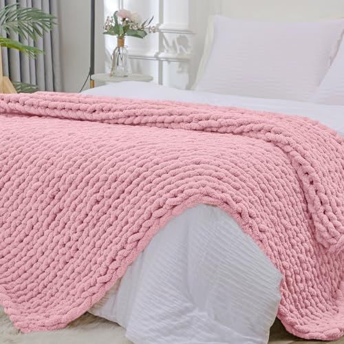 Bigacogo Chunky Knit Throw Blanket 51x63 inches Hand Knitted Jumbo Chenille Yarn Cozy Soft Cable Crochet for Sofa Bed Living Room Blush Pink
