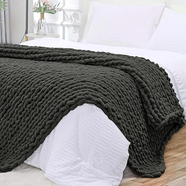 Bigacogo Chunky Knit Throw Blanket 60x80 Hand Knitted Jumbo Chenille Yarn Cozy Soft Cable Crochet for Sofa Bed Living Room Dark Grey
