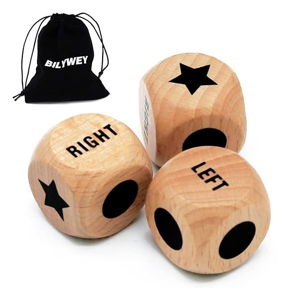 Bilywey 3pcs Left Right Center Game Dice Set 1 inch Beech Wood with Drawstring Bag for Family Fun