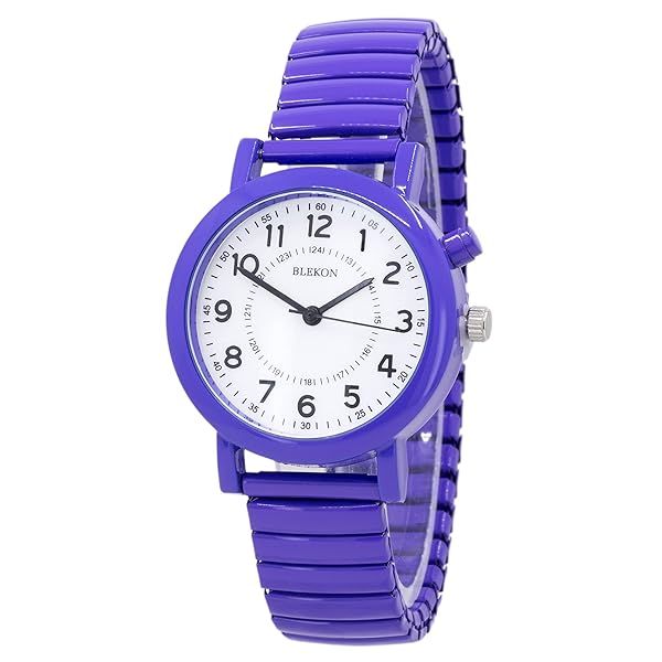 Blekon Women's Analog Watch with Light Up Dial, 33mm Metal Case, Push Button, Glossy Expansion Band, Purple