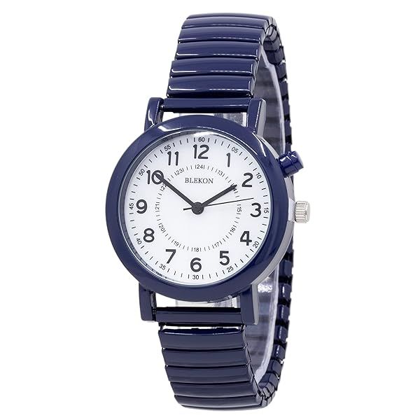 Blekon Women's Light Up Dial Watch, Analog Display, 33mm Metal Case, Push Button, Glossy Expansion Band, White (Navy)
