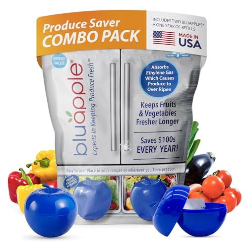 Keep Fruits & Veggies Fresh: Bluapple Ethylene Gas Absorber Combo Pack - 8 Packets & 2 Bluapples, BPA Free, Lasts 3 Months
