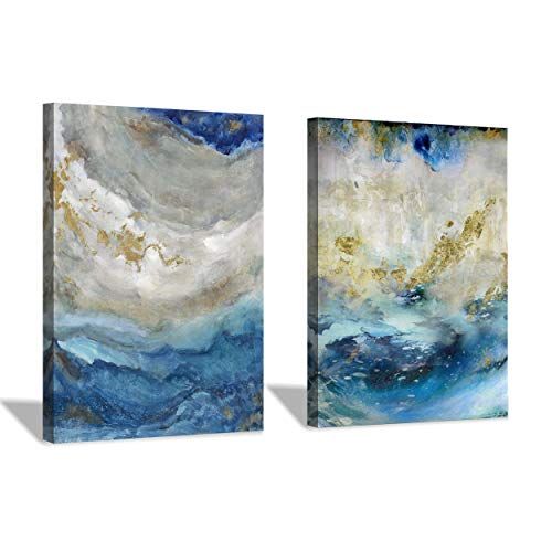 Blue Abstract Canvas Wall Art - Beige Print for Bathroom | Small 16'' x 12'' | No Hand-Painted Gold Foils