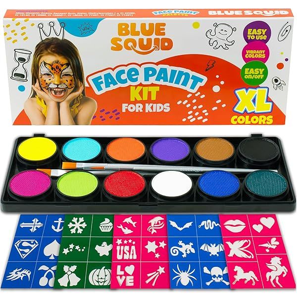 Blue Squid Face Painting Kit for Kids Complete Non Toxic Palette with Stencils 12 Colors Safe for Sensitive Skin Perfect for Parties and Halloween