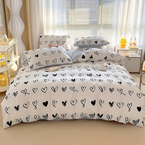 BlueBlue Hearts Kids Duvet Cover Set Twin 100 Cotton Bedding for Boys Girls Teens Cartoon Kawaii Black White Heart Love Pattern