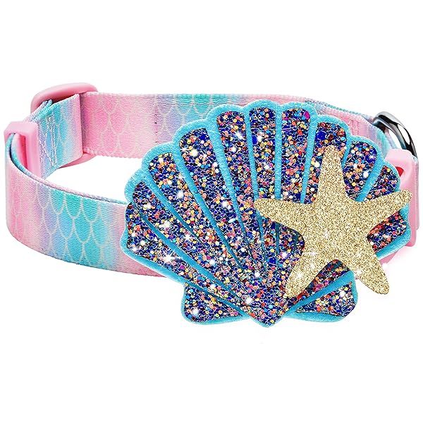 Blueberry Pet Summer Sparkle Dog Collar Adjustable Medium Size Pink Blue Ocean Mermaid Scales Print with Detachable Seashells Accessory
