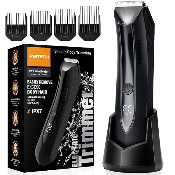 PRITECH Body Hair Trimmer for Men - Rechargeable Trimmer for Mens with Ceramic Blade, Wet and Dry Mens Ball Trimmer with Standing Recharge Dock,