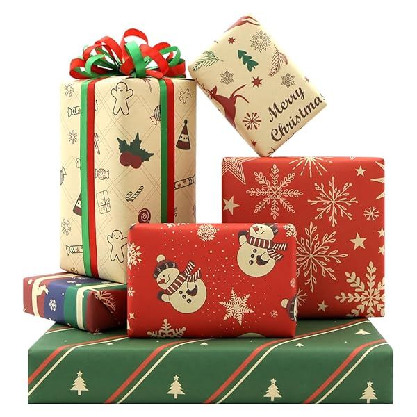 Boerni Kraft Christmas Wrapping Paper 6 Designs 20x28 inches 6 Sheets Perfect for Birthdays and Holidays