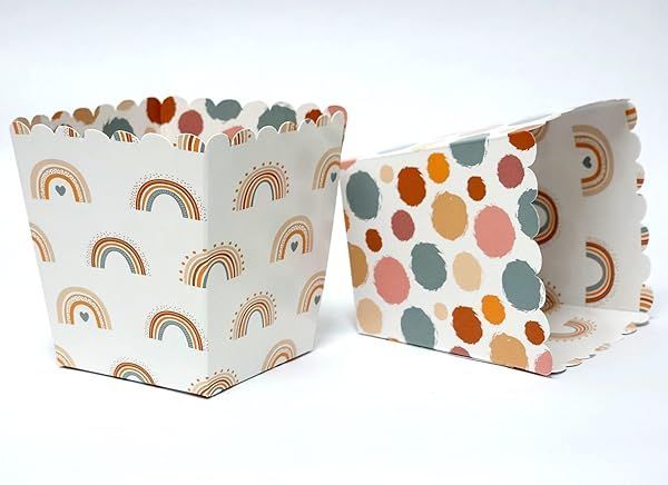 Boho Rainbow Party Favor Snack Boxes Set of 12 for Good Vibes Retro Little Rainbow School Events Reversible Scalloped Popcorn Boxes