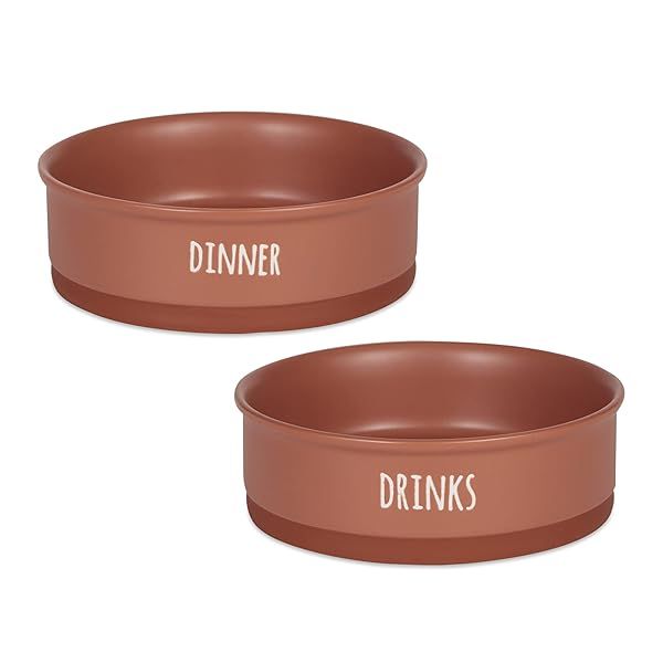 Bone Dry Ceramic Pet Bowls - Dishwasher Safe, Non-Slip, Terra Cotta, 2 Count for Dogs & Cats - Large 7.5x2.4 Size