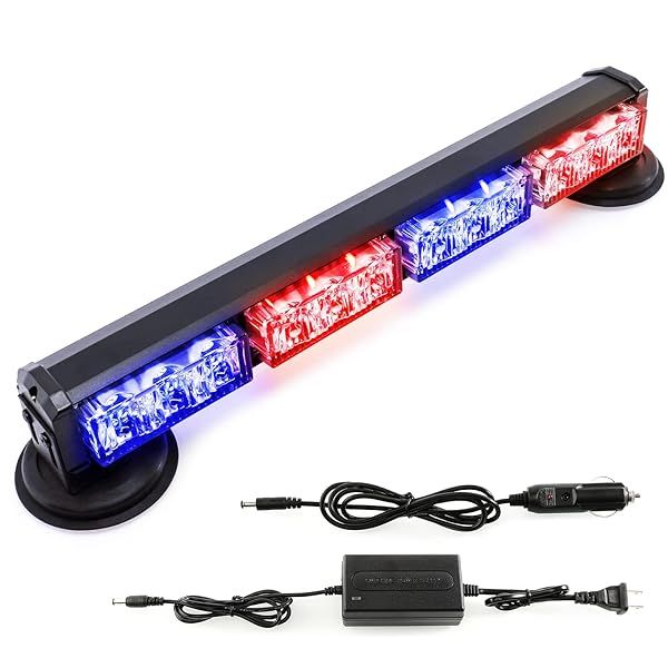 BooYu 14.8" Red Blue Battery Powered Police Firefighter Emergency Strobe Lights Bar for Trucks Vehicles Rechargeable Wireless Rooftop Mini Hazard