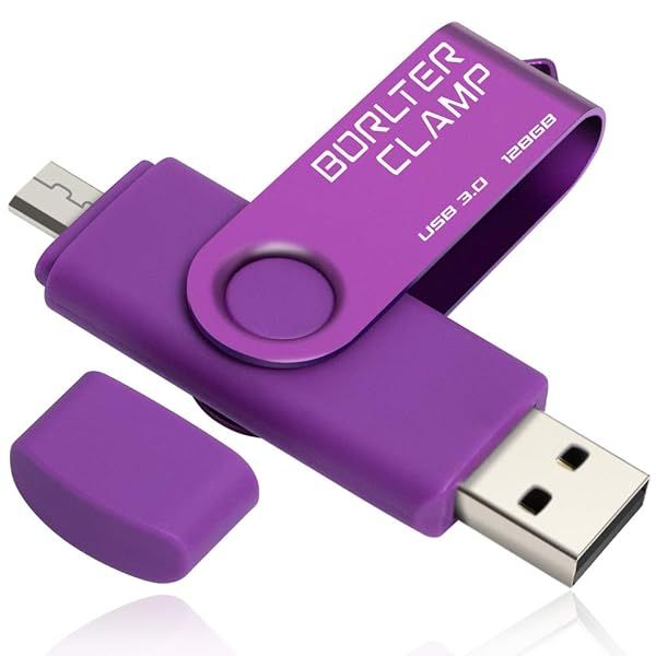 BorlterClamp 128GB USB 3.0 Flash Drive Dual Port Memory Stick for Android Smartphone Tablet and Computer Purple