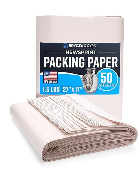 Bryco Goods Newsprint Packing Paper Sheets 50 Count 1.5lb 27x17 for Moving Wrapping Protecting Fragile Items Made in the USA