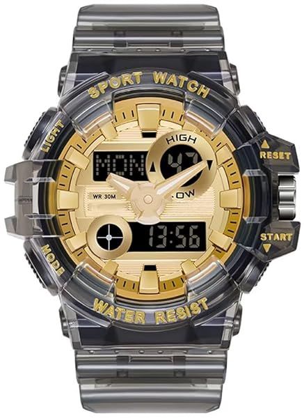 CARLIEN Men's Waterproof Analog Digital LED Watch - Multifunctional Sports Timepiece with Transparent Black-Gold Strap