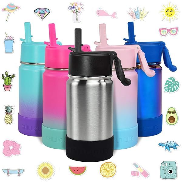 Chillout Life 12 oz Kids Insulated Water Bottle with Straw Lid Leakproof Personalized Stainless Steel Thermos Dishwasher Safe Colorful Stickers