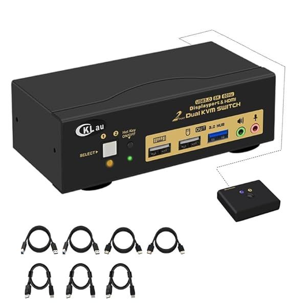 CKLau 2 Port USB 3.0 KVM Switch: 8K@60Hz & 4K@144Hz Dual Monitor Support with HDMI 2.1 & DisplayPort 1.4 - Includes All Cables