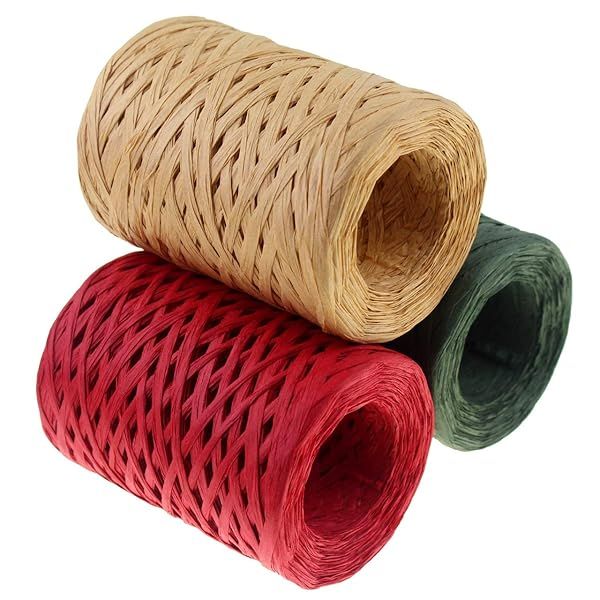 CREATRILL Raffia Ribbon Set Red Green Natural 3 Rolls 1080 Feet Ideal for Christmas Wrapping and Craft Projects