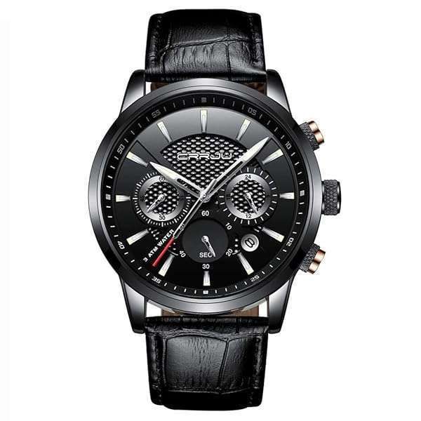 CRRJU Men's Business Wristwatch: Auto Date Japan Quartz with Black Leather Strap - Stylish & Casual