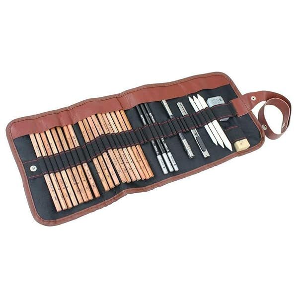 CamDesign 28 Piece Charcoal Pencils and Sketching Set with Leather Roll for Professional Artists and Canvas Art