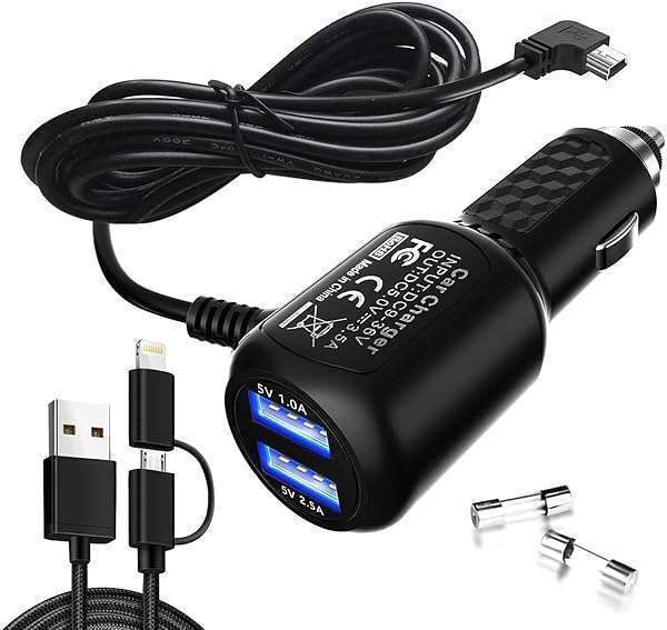 Dual Port USB Car Charger for Garmin Nuvi C255 & GPS Devices - Mini USB Power Cable