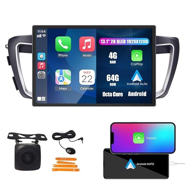 CarPlay Android Auto Navigation Stereo GPS Radio 13.1" QLED Touchscreen Headunit Tablet Pad Media Player for Honda Accord 2013-2017, if Applicable