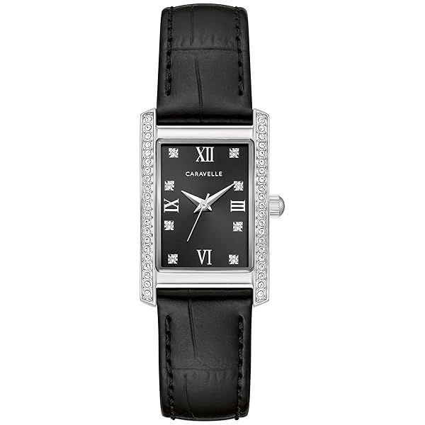 Caravelle by Bulova Ladies' Classic Crystal 3-Hand Quartz Watch, Roman Numeral Markers, Rectangle Case, Curved Mineral Crystal, Black Leather Strap