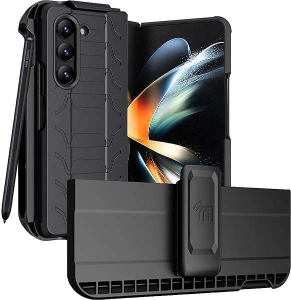 Galaxy Z Fold 5 Case with Clip & S Pen Slot - Nakedcellphone Tactical Cover & Belt Holster Combo (Matte Black)