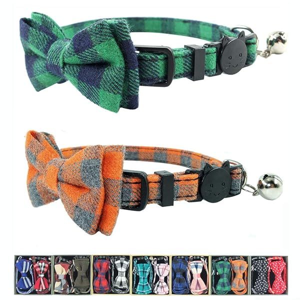 Adjustable Cat Collar Breakaway with Bell and Bow Tie Set of 2 Plaid Design for Kittens 6.8 to 10.8 inches Green and Orange